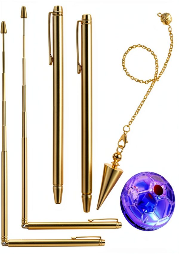4 Pcs Ghost Hunting Dowsing Rods Copper Set Pen Shaped Gold Spirit Rods Water Divining Rods with Paranormal Dowsing Pendulum LED Light up Cat Ball for Ghost Hunting Party Detect Gold Water Treasure-0