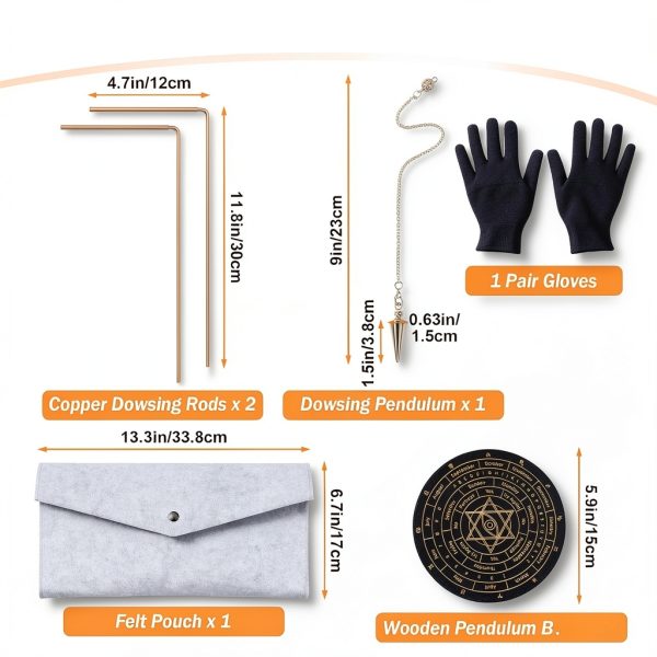 99.9% Copper Dowsing Rods Kit, Anglecai Spiritual Exploration Divination Tools 2PCS Divining Rods+Dowsing Pendulum + Divination Mat + Gloves + Bag for Ghost Hunting, Divining Water, Gold, Treasure-1