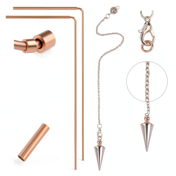 99.9% Copper Dowsing Rods Kit, Anglecai Spiritual Exploration Divination Tools 2PCS Divining Rods+Dowsing Pendulum + Divination Mat + Gloves + Bag for Ghost Hunting, Divining Water, Gold, Treasure-2