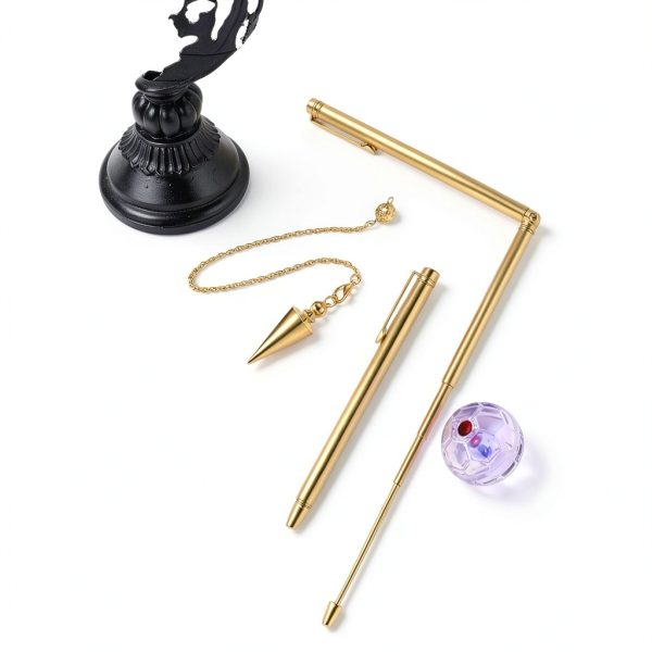 4 Pcs Ghost Hunting Dowsing Rods Copper Set Pen Shaped Gold Spirit Rods Water Divining Rods with Paranormal Dowsing Pendulum LED Light up Cat Ball for Ghost Hunting Party Detect Gold Water Treasure-4