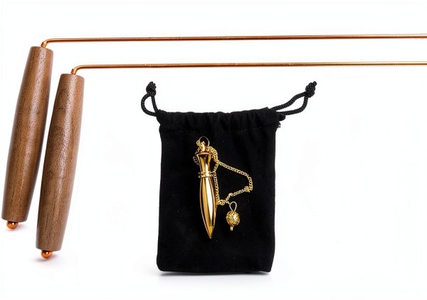 99.99% Copper Dowsing Rods - 2PCS Wooden Handle Dowsing Rods with Solid Brass Karnak Pendulum and Velvet Bag for Convenient Storage - for Searching Water, Gold, Minerals, Lost Things-0