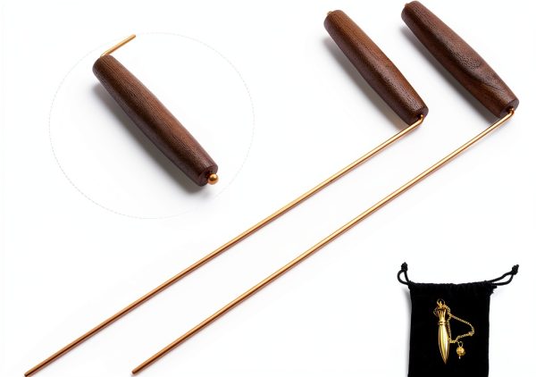 99.99% Copper Dowsing Rods - 2PCS Wooden Handle Dowsing Rods with Solid Brass Karnak Pendulum and Velvet Bag for Convenient Storage - for Searching Water, Gold, Minerals, Lost Things-1