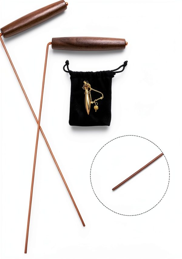 99.99% Copper Dowsing Rods - 2PCS Wooden Handle Dowsing Rods with Solid Brass Karnak Pendulum and Velvet Bag for Convenient Storage - for Searching Water, Gold, Minerals, Lost Things-2